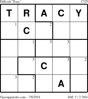 The grouppuzzles.com Difficult Tracy puzzle for Monday July 8, 2024 with the first 3 steps marked