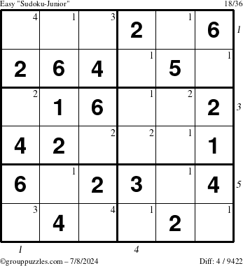 The grouppuzzles.com Easy Sudoku-Junior puzzle for Monday July 8, 2024, suitable for printing, with all 4 steps marked