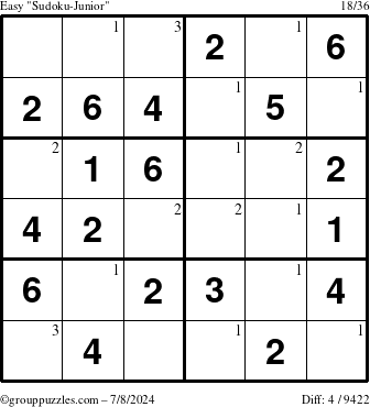 The grouppuzzles.com Easy Sudoku-Junior puzzle for Monday July 8, 2024 with the first 3 steps marked