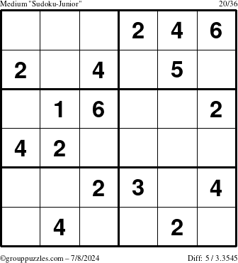 The grouppuzzles.com Medium Sudoku-Junior puzzle for Monday July 8, 2024