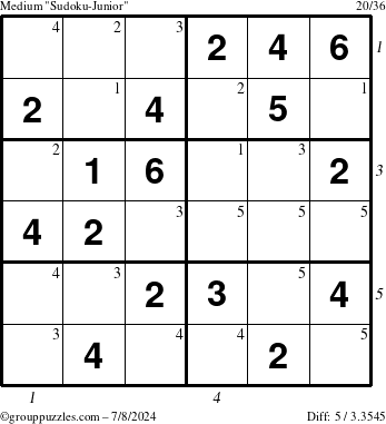 The grouppuzzles.com Medium Sudoku-Junior puzzle for Monday July 8, 2024 with all 5 steps marked