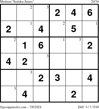 The grouppuzzles.com Medium Sudoku-Junior puzzle for Monday July 8, 2024 with the first 3 steps marked