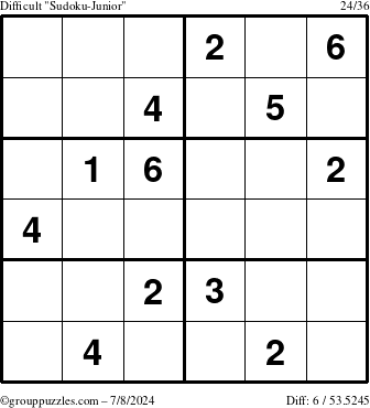 The grouppuzzles.com Difficult Sudoku-Junior puzzle for Monday July 8, 2024