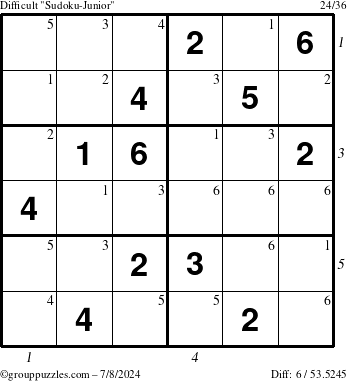 The grouppuzzles.com Difficult Sudoku-Junior puzzle for Monday July 8, 2024 with all 6 steps marked