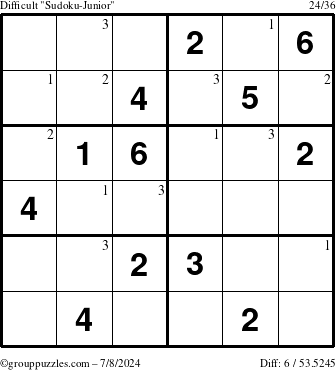 The grouppuzzles.com Difficult Sudoku-Junior puzzle for Monday July 8, 2024 with the first 3 steps marked