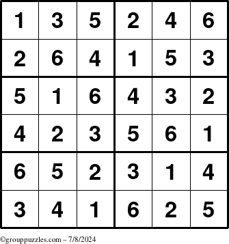 The grouppuzzles.com Answer grid for the Sudoku-Junior puzzle for Monday July 8, 2024