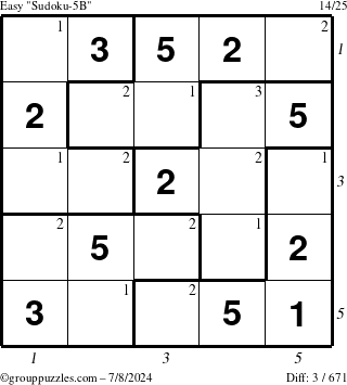 The grouppuzzles.com Easy Sudoku-5B puzzle for Monday July 8, 2024 with all 3 steps marked