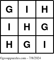 The grouppuzzles.com Answer grid for the TicTac-GHI puzzle for Monday July 8, 2024