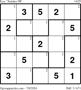 The grouppuzzles.com Easy Sudoku-5B puzzle for Monday July 8, 2024 with the first 3 steps marked