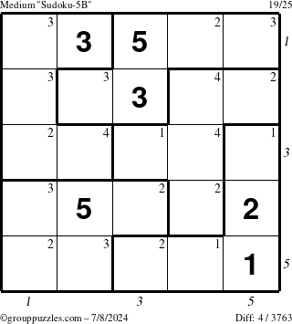 The grouppuzzles.com Medium Sudoku-5B puzzle for Monday July 8, 2024 with all 4 steps marked