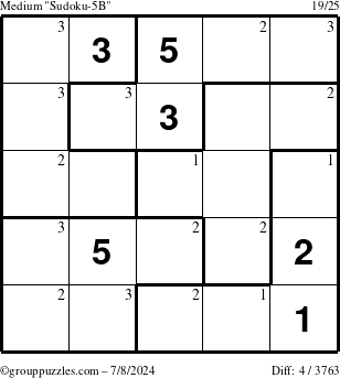 The grouppuzzles.com Medium Sudoku-5B puzzle for Monday July 8, 2024 with the first 3 steps marked