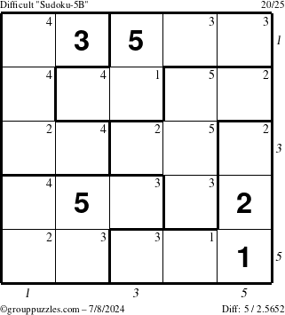 The grouppuzzles.com Difficult Sudoku-5B puzzle for Monday July 8, 2024 with all 5 steps marked