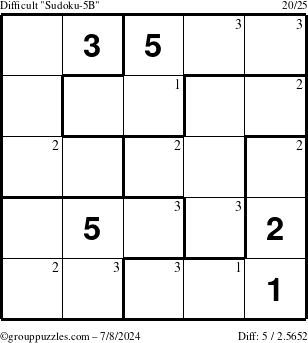 The grouppuzzles.com Difficult Sudoku-5B puzzle for Monday July 8, 2024 with the first 3 steps marked