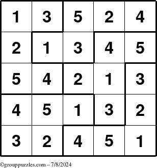 The grouppuzzles.com Answer grid for the Sudoku-5B puzzle for Monday July 8, 2024