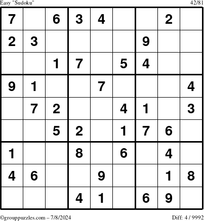 The grouppuzzles.com Easy Sudoku puzzle for Monday July 8, 2024