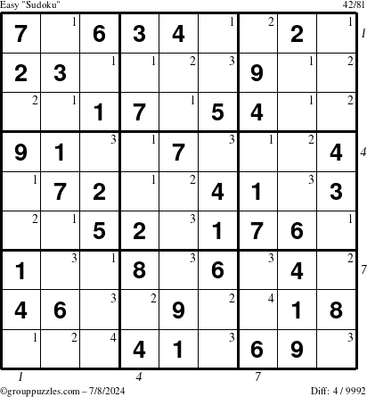 The grouppuzzles.com Easy Sudoku puzzle for Monday July 8, 2024 with all 4 steps marked