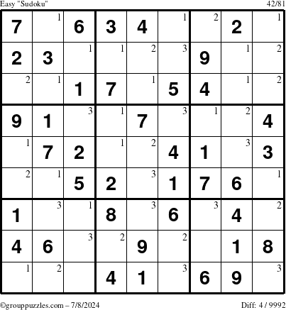 The grouppuzzles.com Easy Sudoku puzzle for Monday July 8, 2024 with the first 3 steps marked