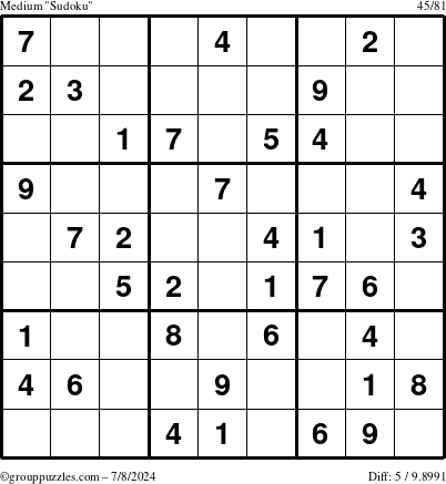 The grouppuzzles.com Medium Sudoku puzzle for Monday July 8, 2024