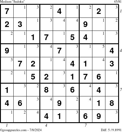 The grouppuzzles.com Medium Sudoku puzzle for Monday July 8, 2024 with all 5 steps marked