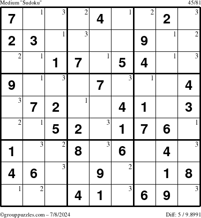 The grouppuzzles.com Medium Sudoku puzzle for Monday July 8, 2024 with the first 3 steps marked