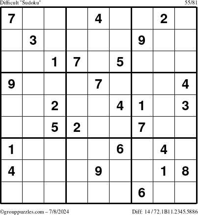 The grouppuzzles.com Difficult Sudoku puzzle for Monday July 8, 2024