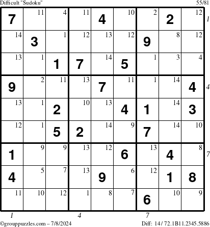 The grouppuzzles.com Difficult Sudoku puzzle for Monday July 8, 2024 with all 14 steps marked