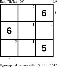 The grouppuzzles.com Easy TicTac-456 puzzle for Monday July 8, 2024 with all 2 steps marked