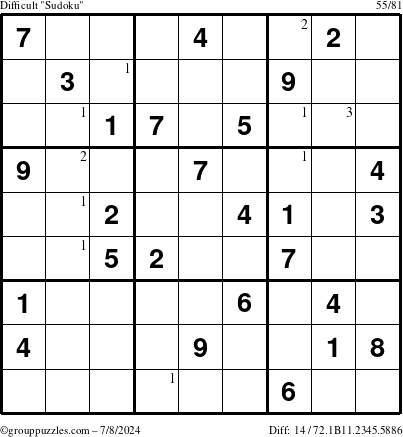 The grouppuzzles.com Difficult Sudoku puzzle for Monday July 8, 2024 with the first 3 steps marked