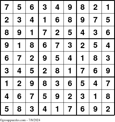 The grouppuzzles.com Answer grid for the Sudoku puzzle for Monday July 8, 2024