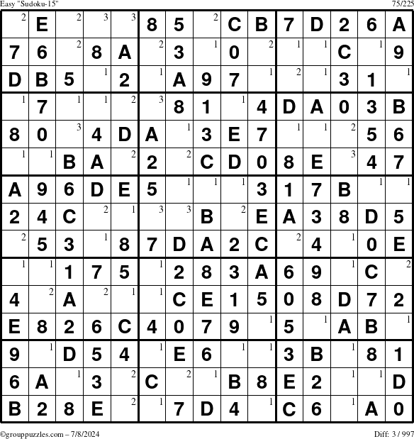 The grouppuzzles.com Easy Sudoku-15 puzzle for Monday July 8, 2024 with the first 3 steps marked