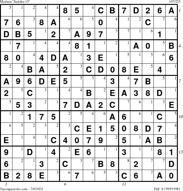 The grouppuzzles.com Medium Sudoku-15 puzzle for Monday July 8, 2024 with all 8 steps marked