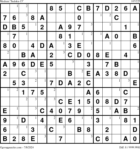 The grouppuzzles.com Medium Sudoku-15 puzzle for Monday July 8, 2024 with the first 3 steps marked