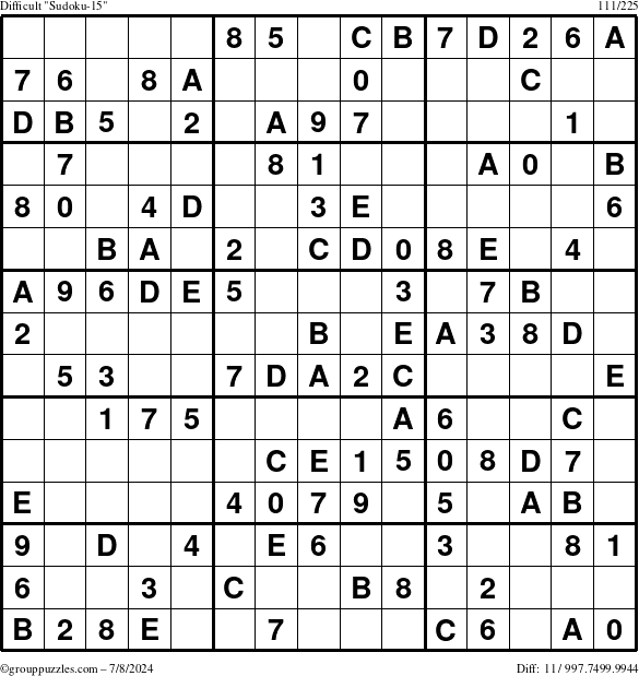 The grouppuzzles.com Difficult Sudoku-15 puzzle for Monday July 8, 2024