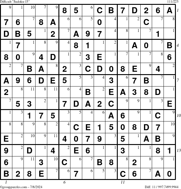 The grouppuzzles.com Difficult Sudoku-15 puzzle for Monday July 8, 2024 with all 11 steps marked