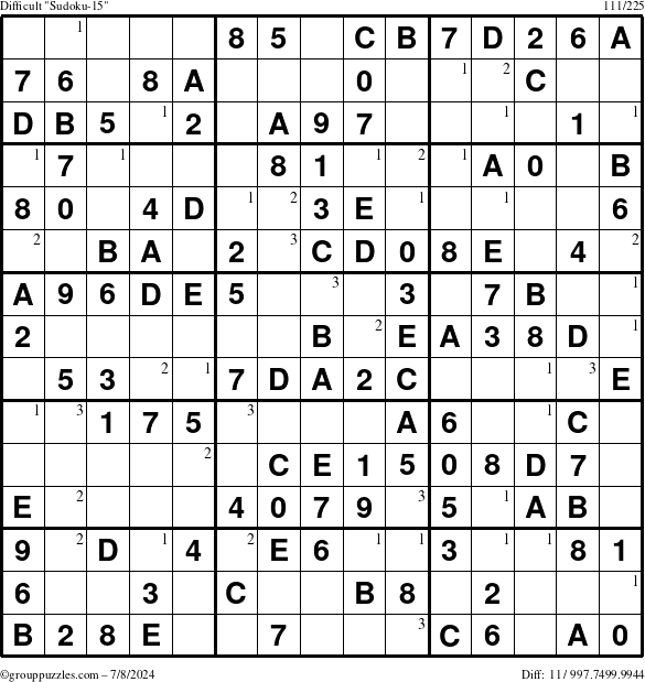 The grouppuzzles.com Difficult Sudoku-15 puzzle for Monday July 8, 2024 with the first 3 steps marked