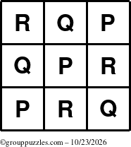 The grouppuzzles.com Answer grid for the TicTac-PQR puzzle for Friday October 23, 2026