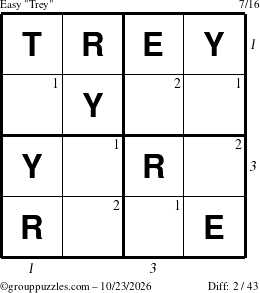 The grouppuzzles.com Easy Trey puzzle for Friday October 23, 2026, suitable for printing, with all 2 steps marked