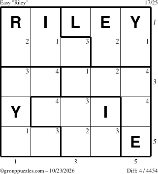 The grouppuzzles.com Easy Riley puzzle for Friday October 23, 2026, suitable for printing, with all 4 steps marked