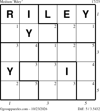 The grouppuzzles.com Medium Riley puzzle for Friday October 23, 2026 with all 5 steps marked