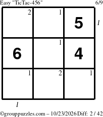 The grouppuzzles.com Easy TicTac-456 puzzle for Friday October 23, 2026, suitable for printing, with all 2 steps marked