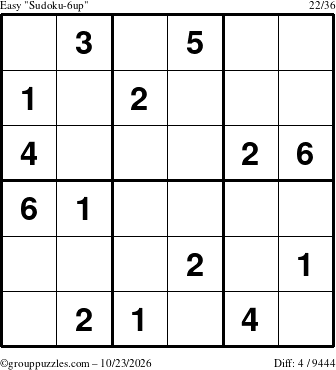 The grouppuzzles.com Easy Sudoku-6up puzzle for Friday October 23, 2026