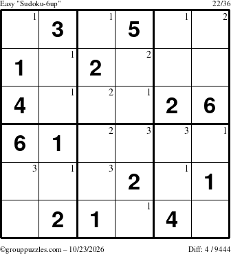 The grouppuzzles.com Easy Sudoku-6up puzzle for Friday October 23, 2026 with the first 3 steps marked