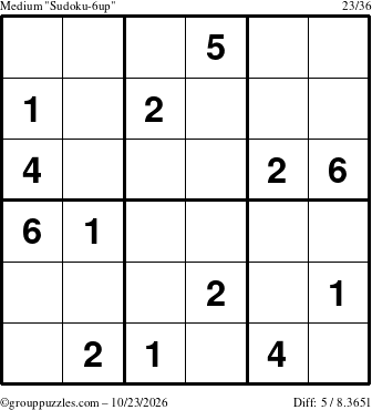 The grouppuzzles.com Medium Sudoku-6up puzzle for Friday October 23, 2026