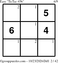 The grouppuzzles.com Easy TicTac-456 puzzle for Friday October 23, 2026 with the first 2 steps marked
