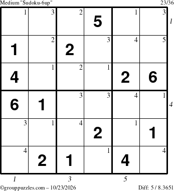 The grouppuzzles.com Medium Sudoku-6up puzzle for Friday October 23, 2026, suitable for printing, with all 5 steps marked