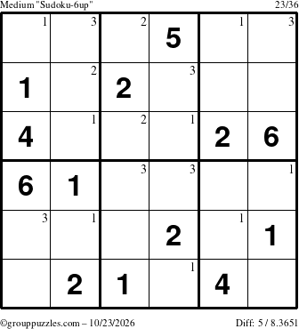 The grouppuzzles.com Medium Sudoku-6up puzzle for Friday October 23, 2026 with the first 3 steps marked