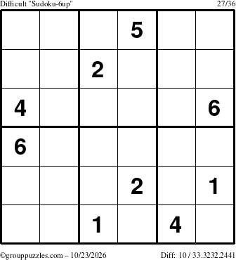 The grouppuzzles.com Difficult Sudoku-6up puzzle for Friday October 23, 2026