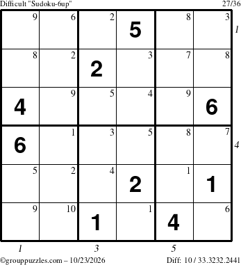 The grouppuzzles.com Difficult Sudoku-6up puzzle for Friday October 23, 2026 with all 10 steps marked