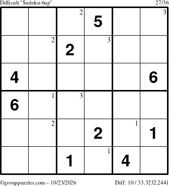 The grouppuzzles.com Difficult Sudoku-6up puzzle for Friday October 23, 2026 with the first 3 steps marked