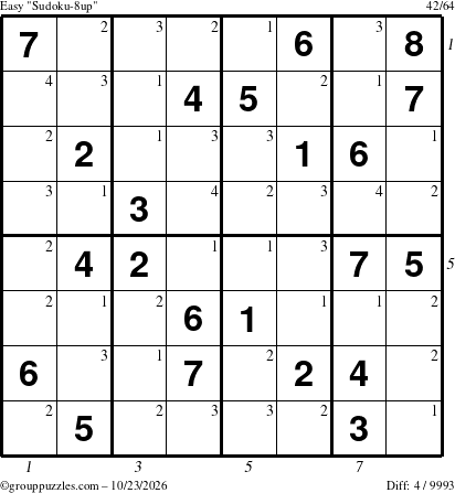 The grouppuzzles.com Easy Sudoku-8up puzzle for Friday October 23, 2026, suitable for printing, with all 4 steps marked